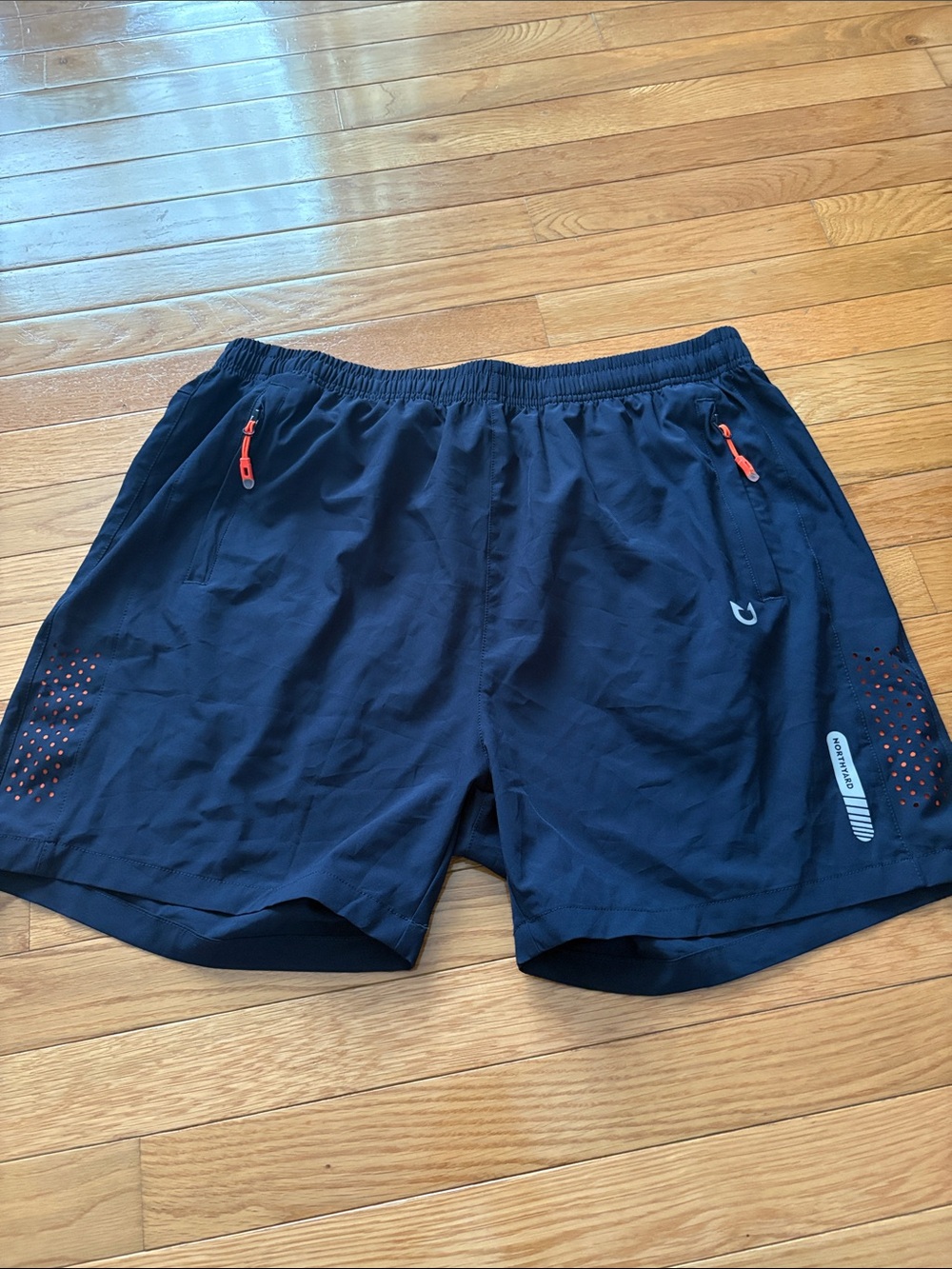 Men's Navy Athletic Shorts with Orange Zip Accents